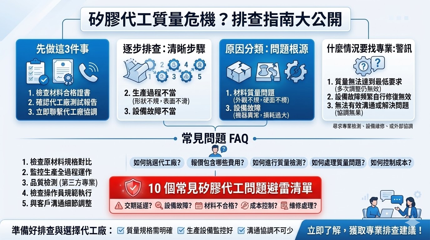 矽膠代工是指專業工廠提供的矽膠產品製造服務，適用於各種行業需求，包括醫療、電子、家居等領域。透過矽膠代工，企業可以根據需求定制高品質的矽膠產品，如矽膠密封圈、矽膠墊片等。選擇合適的矽膠代工廠對產品品質和成本控制至關重要。正確的材料選擇、生產過程監控以及專業的品質檢測，是確保矽膠產品符合標準的關鍵要素。